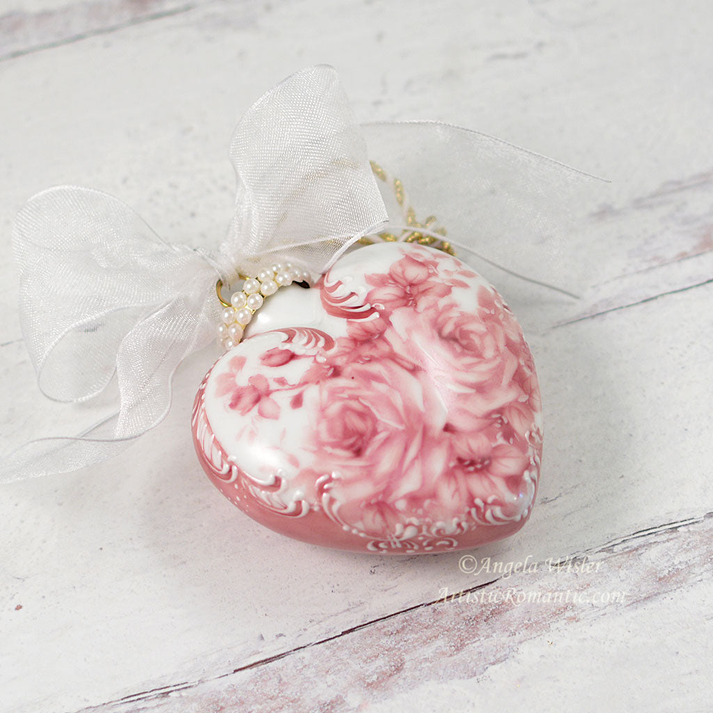 Pink Toile Roses Porcelain Heart Holiday Ornament Hand Painted Roses