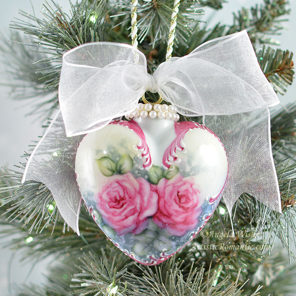 Victorian Heart Porcelain Ornament Ruby Pink China Roses Hand Painted