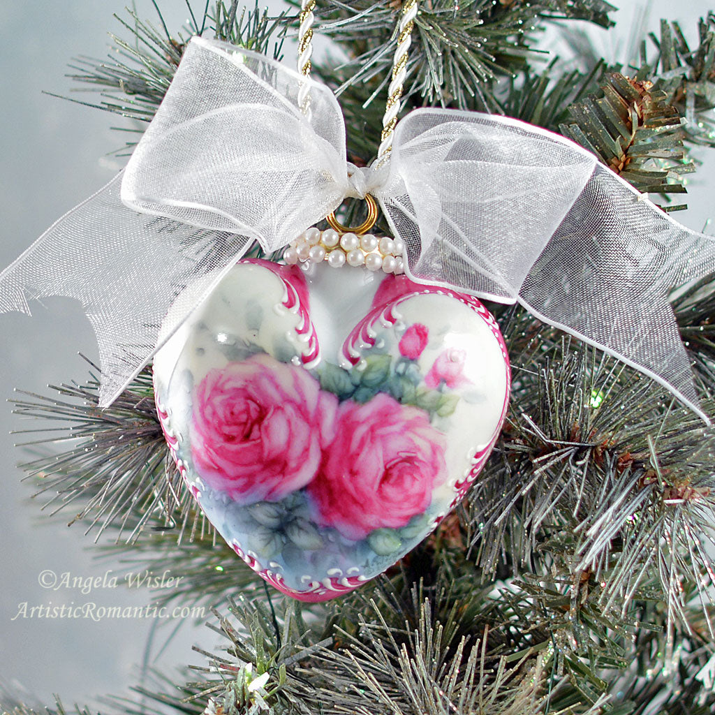 Porcelain Hand Painted Heart Christmas Ornament Ruby Fuscia Roses Victorian Holiday