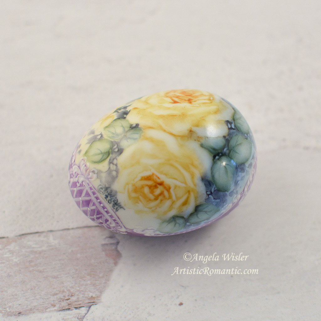 Elegant Purple Easter Egg Hand Painted Porcelain Yellow Roses Scrolls