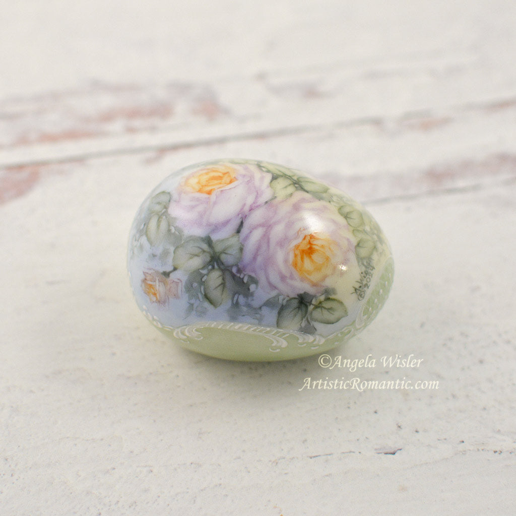 Spring Green Lavender Roses Easter Egg Hand Painted Porcelain Keepsake
