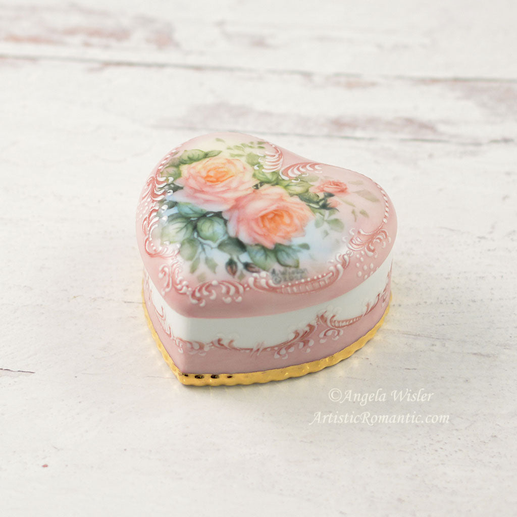 Pink Roses Jewelry Keepsake Box Hand Painted Porcelain Gift For Her