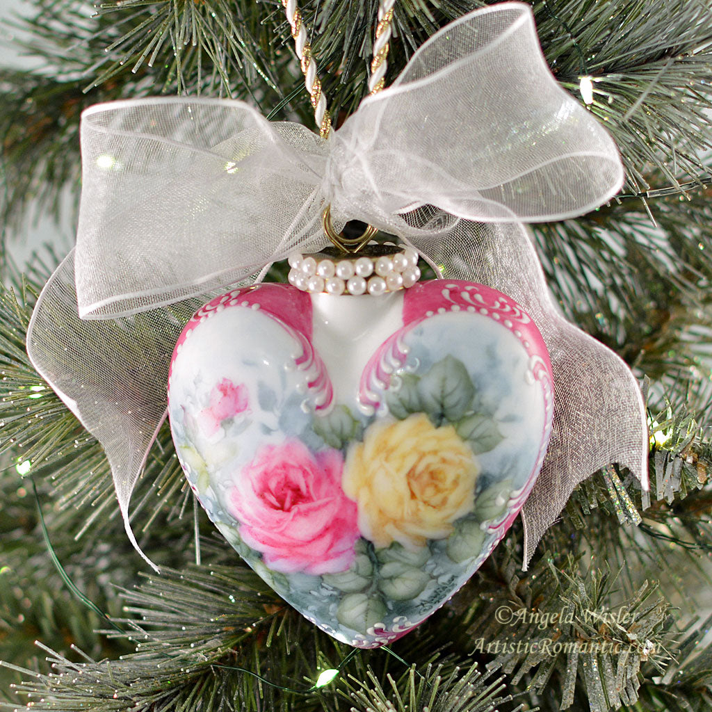 Victorian Heart Porcelain Christmas Ornament Fuchsia Yellow Roses Hand Painted