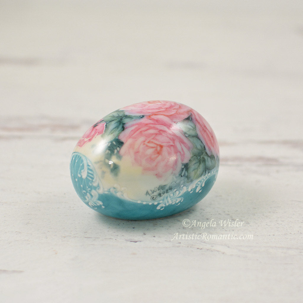 Teal Turquoise Porcelain Easter Egg Pink Roses Hand Painted Decoration