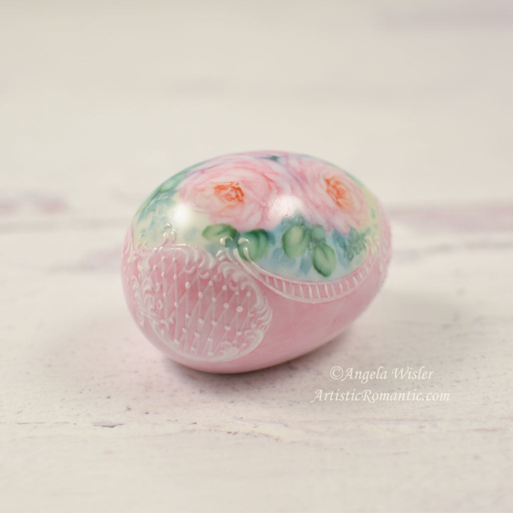 Pink Roses Hand Painted Porcelain Easter Egg Spring Decorating