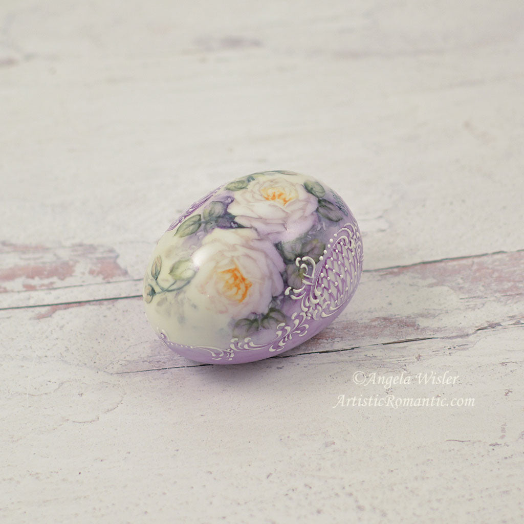 Porcelain White Roses Violet Easter Egg Hand Painted Signed Original