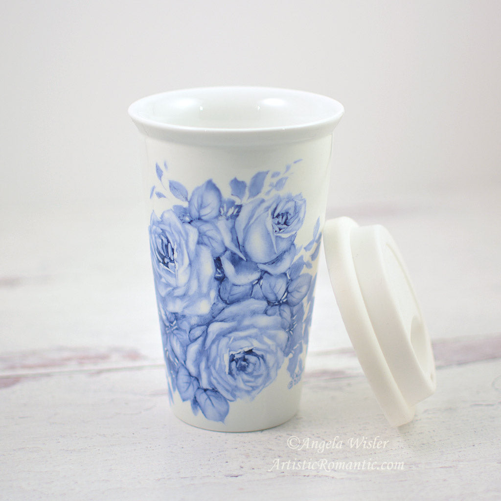 Blue and White China Travel Coffee Mug Insulated Hand Painted Porcelain Roses