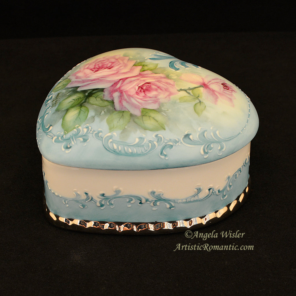 Aqua Hand Painted Porcelain Jewelry Box Pink Roses Large Heart Blue