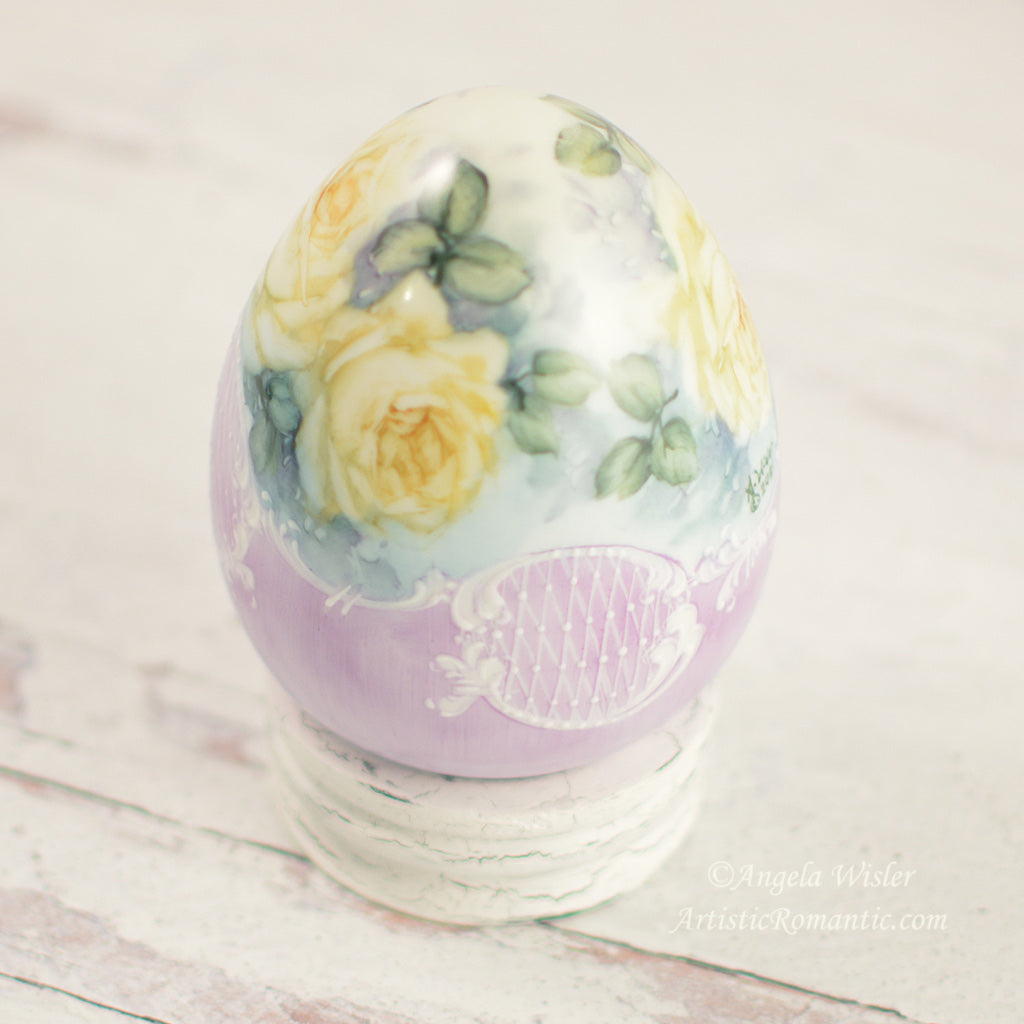 Porcelain Easter Egg with Stand Hand Painted Lavender Yellow Roses Spring Home