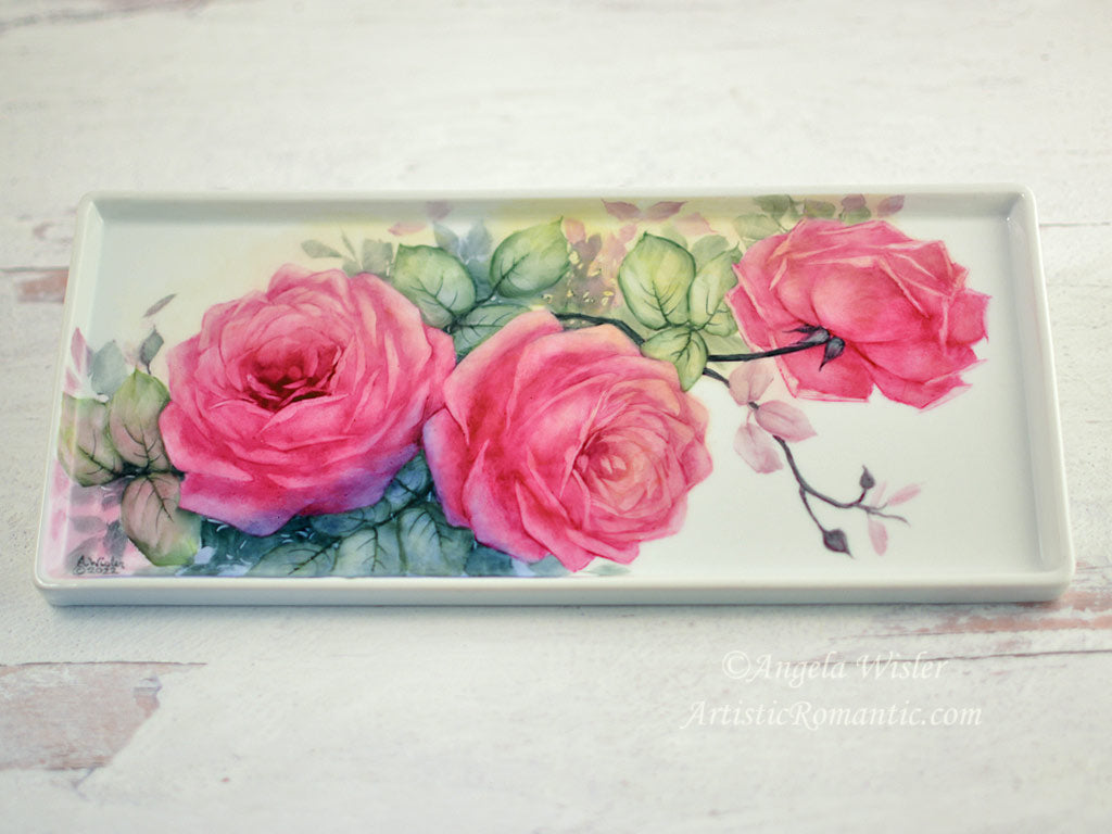 Fuschia Rose China Porcelain Vanity Tray Hand Painted Ruby Pink Roses