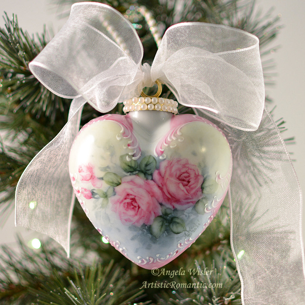 Ballet Pink Hand Painted Roses Victorian Heart Porcelain Christmas Ornament