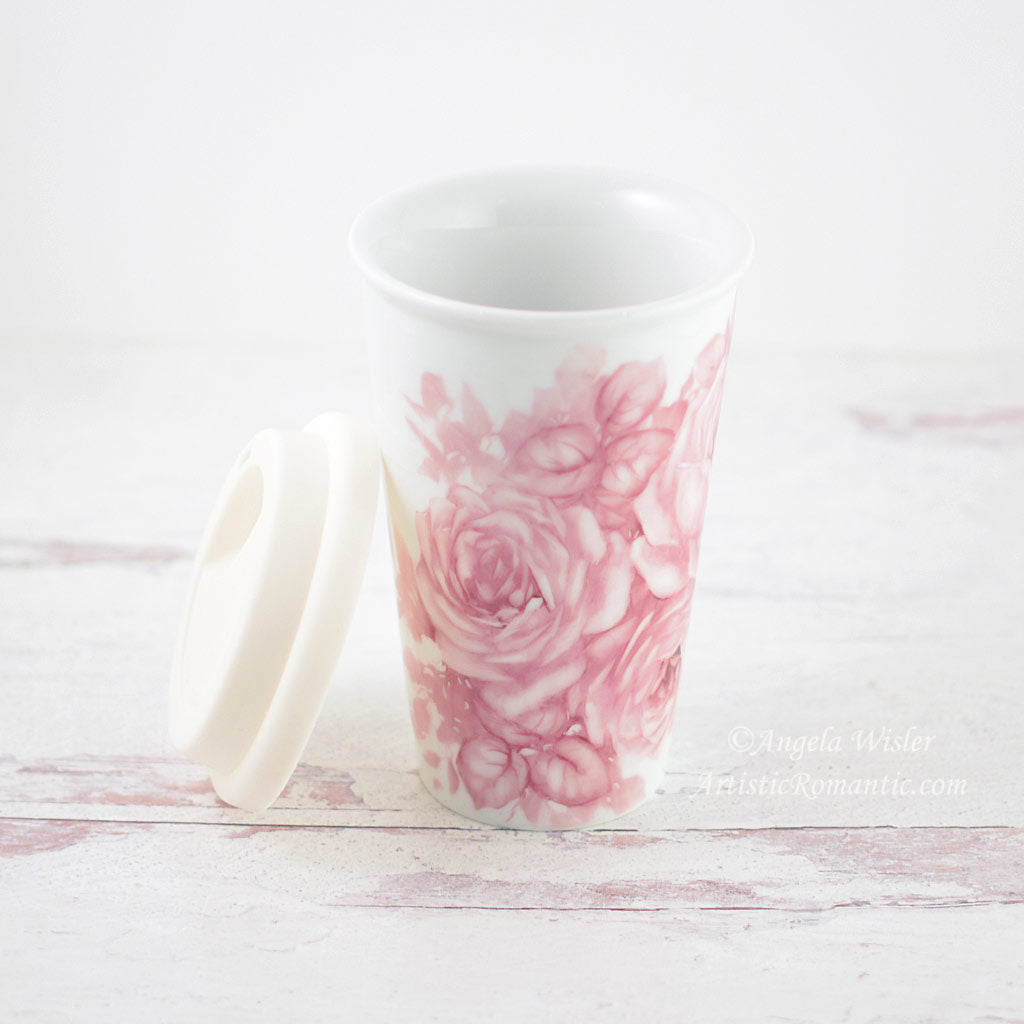 Pink and White China Travel Coffee Mug Insulated Hand Painted Porcelain Roses