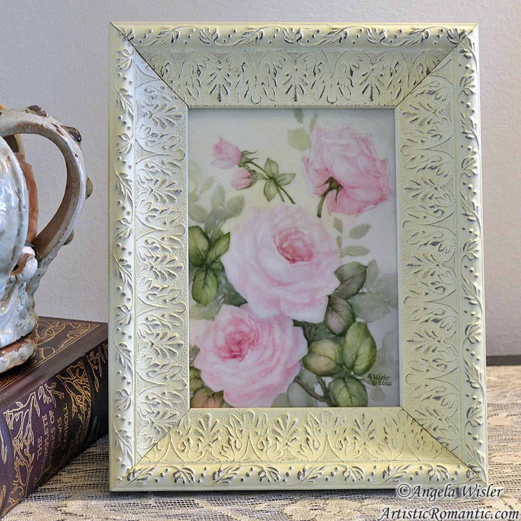 Framed Pink Roses Original Painting Porcelain Canvas Cottage Style Art