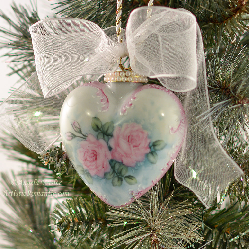 Hand Painted Pink Rose Porcelain Christmas Ornament Shabby Chic Holiday