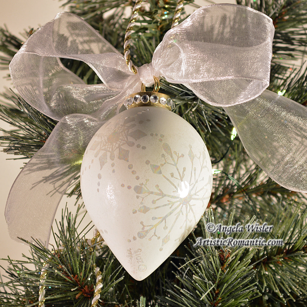 Elegant White Snowflake Victorian Teardrop Christmas Ornament