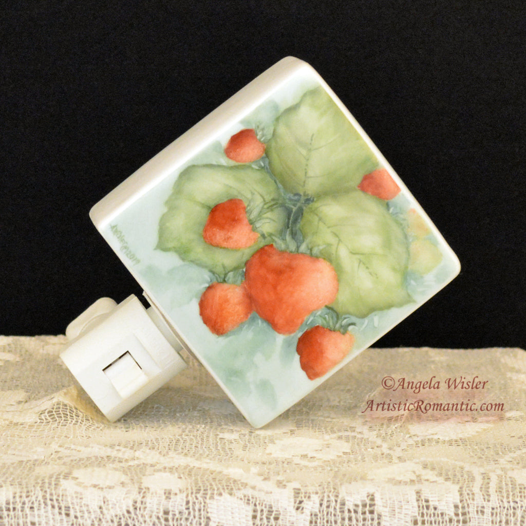 Farmhouse Fresh Red Strawberries Porcelain Nightlight Hand Painted
