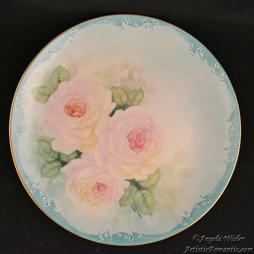 China Cabinet Plate Hand Painted Pink Roses Aqua Victorian Scroll Work Fired Porcelain - Artistic Romantic
 - 5