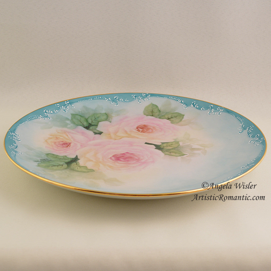China Cabinet Plate Hand Painted Pink Roses Aqua Victorian Scroll Work Fired Porcelain - Artistic Romantic
 - 3