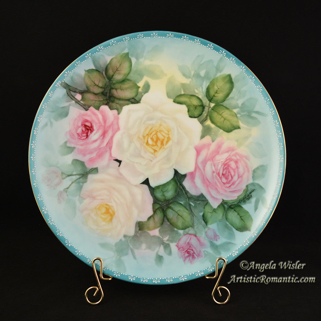 Pink & White Roses Hand Painted China Cabinet Plate Signed - Artistic Romantic
 - 1