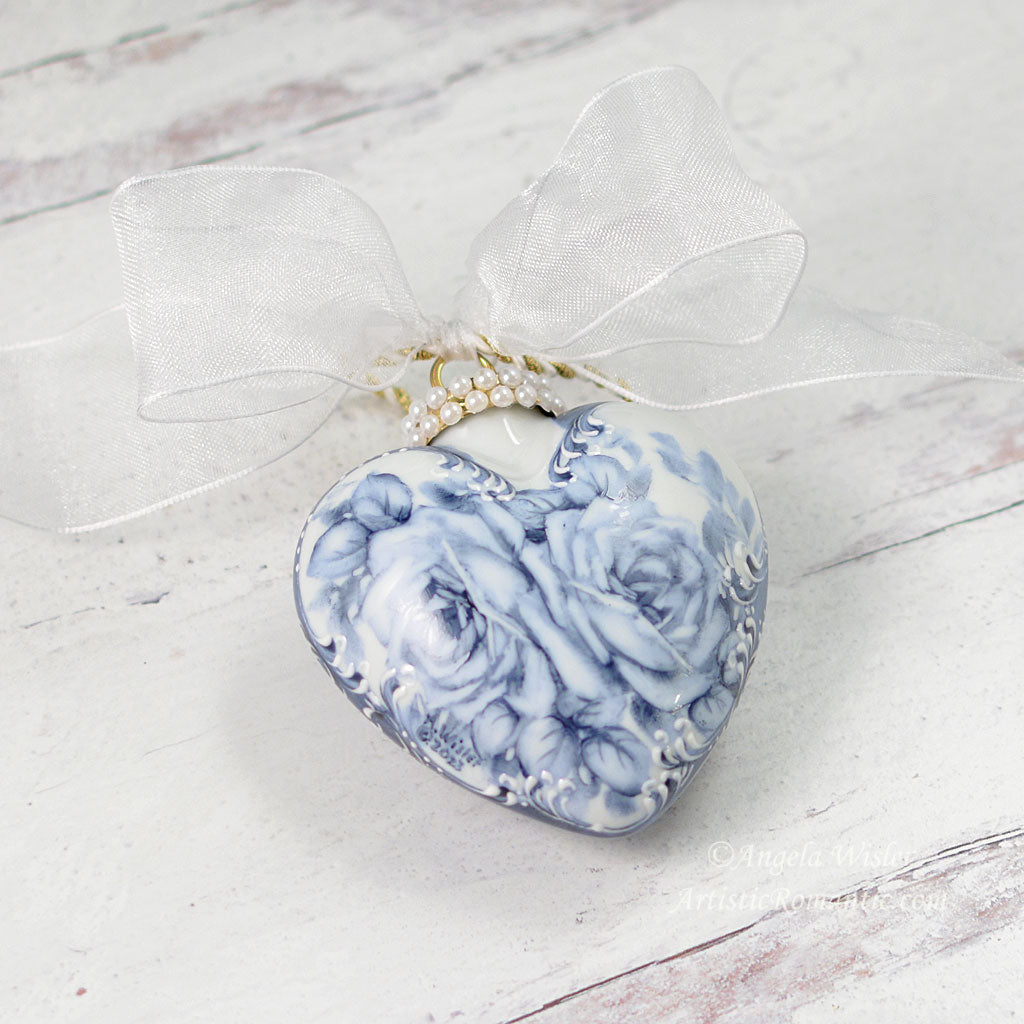 Blue and White Porcelain Heart Hand Painted Rose China Holiday Ornament
