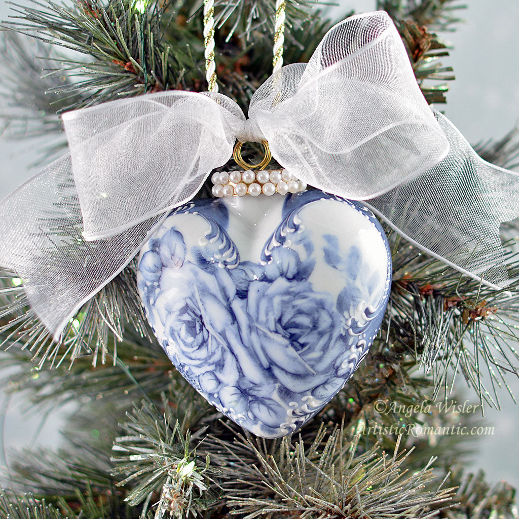 Blue and White Porcelain Heart Hand Painted Rose China Holiday Ornament