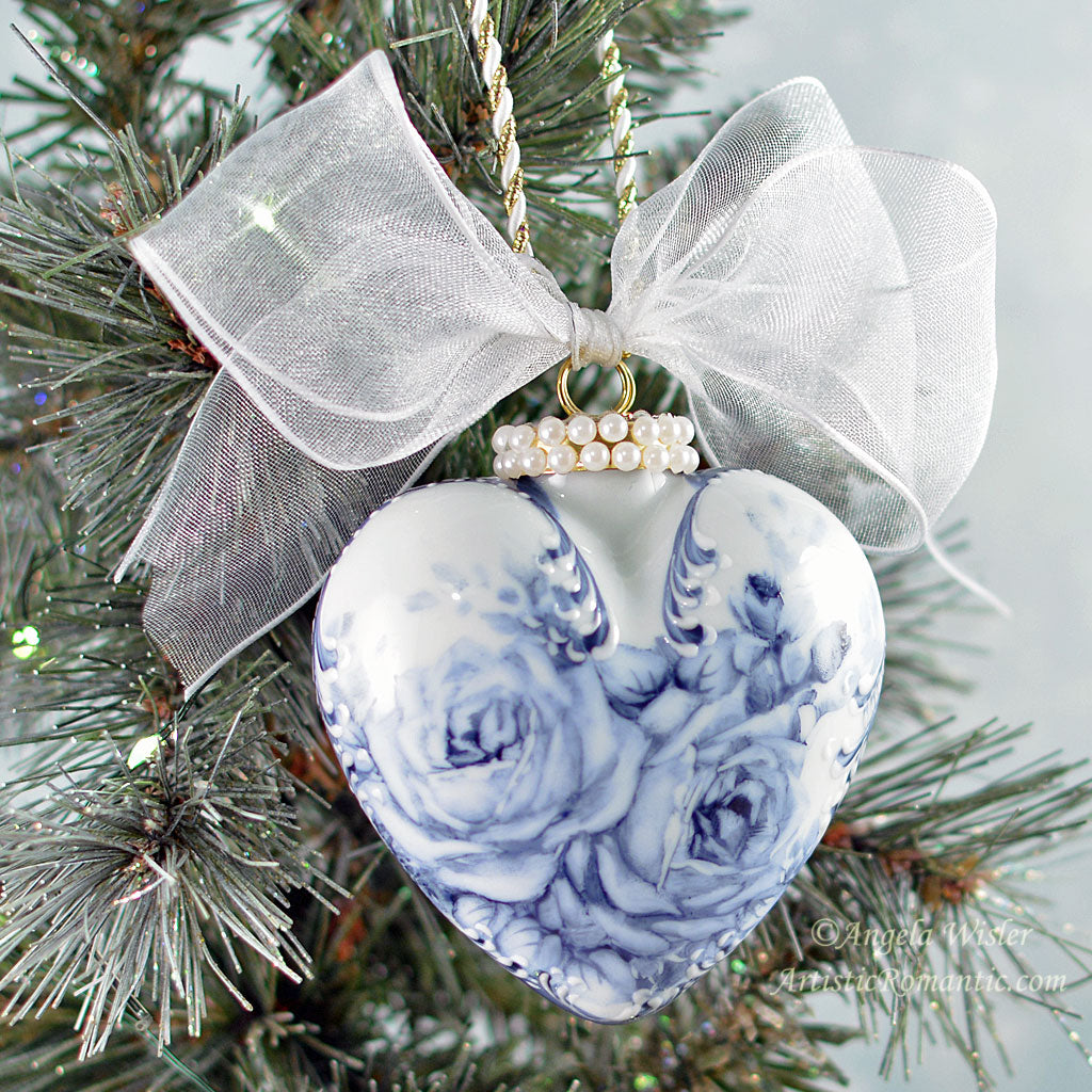 Blue and White China Heart Ornament Hand Painted Porcelain Christmas Decorating