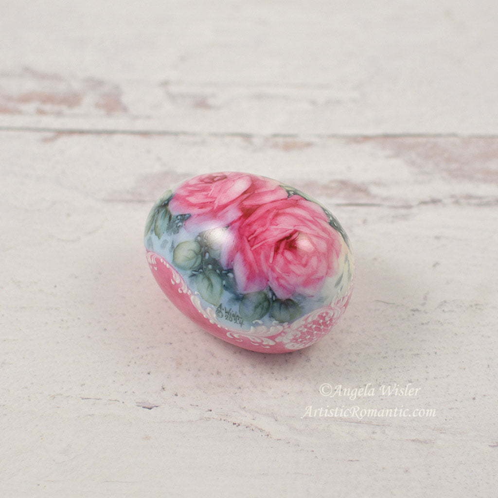Fuchsia Pink Roses Hand Painted Porcelain Easter Egg Elegant Decor