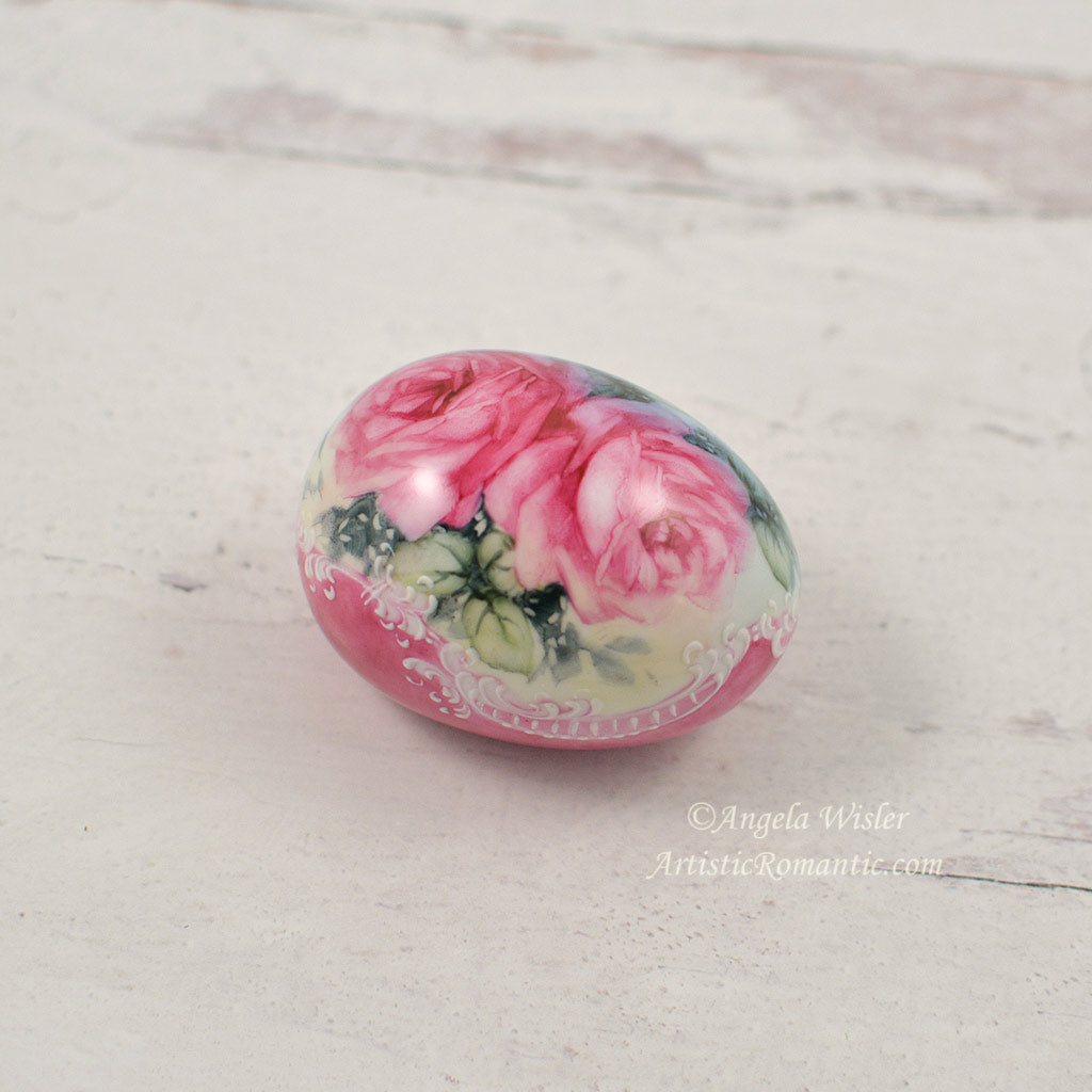Fuchsia Pink Roses Hand Painted Porcelain Easter Egg Elegant Decor