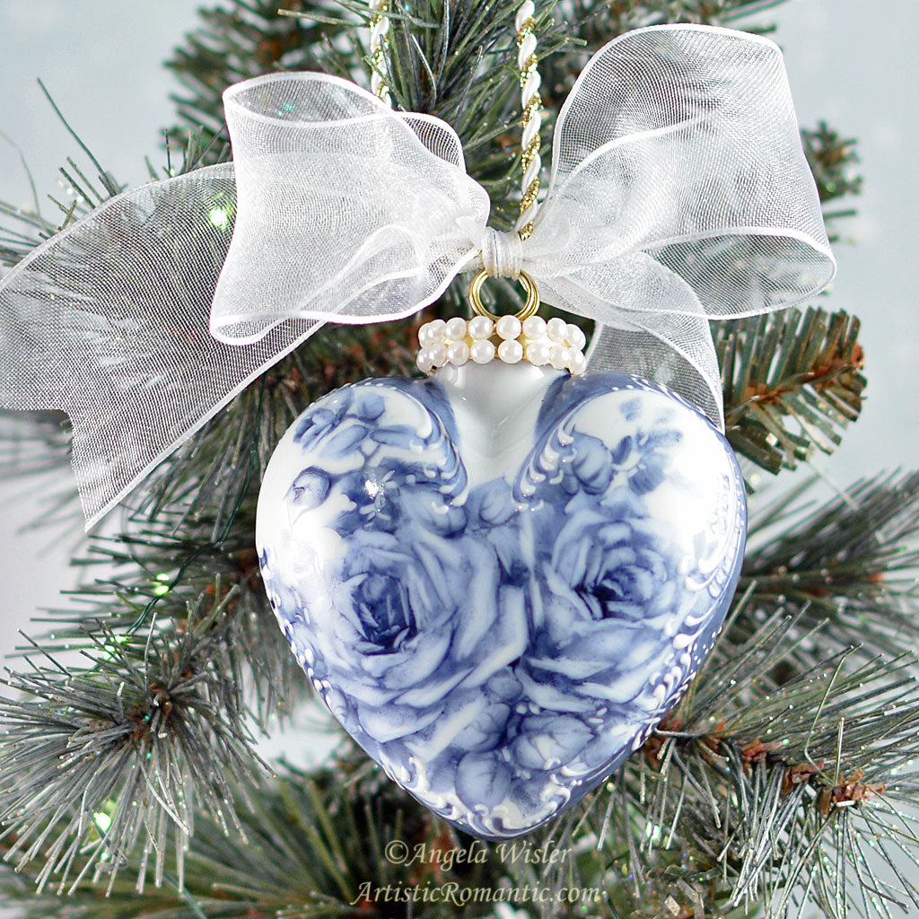 Classic Elegant Christmas Ornament Blue White Roses Porcelain Heart Hand Painted