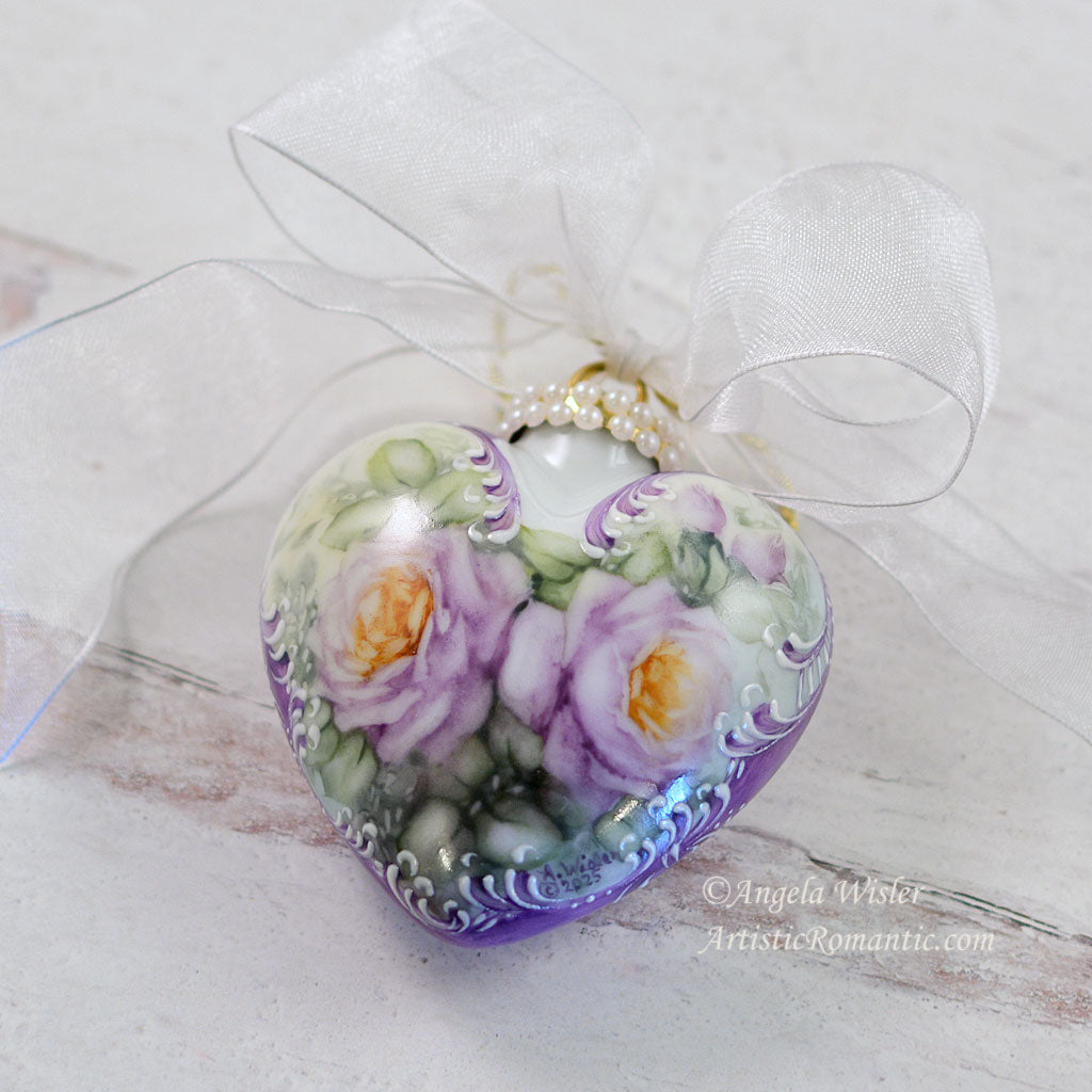 Lavender Purple Roses Christmas Ornament Heart Porcelain Hand Painted