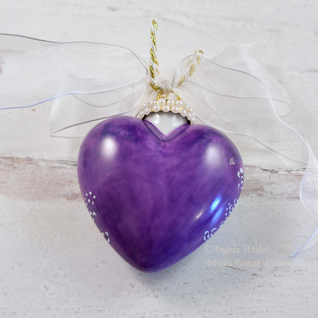 Lavender Purple Roses Christmas Ornament Heart Porcelain Hand Painted