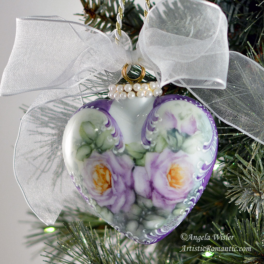 Lavender Purple Roses Christmas Ornament Heart Porcelain Hand Painted