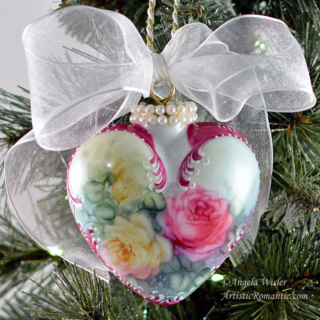 Fuchsia Pink Yellow Roses Porcelain Heart Holiday Ornament Hand Painted