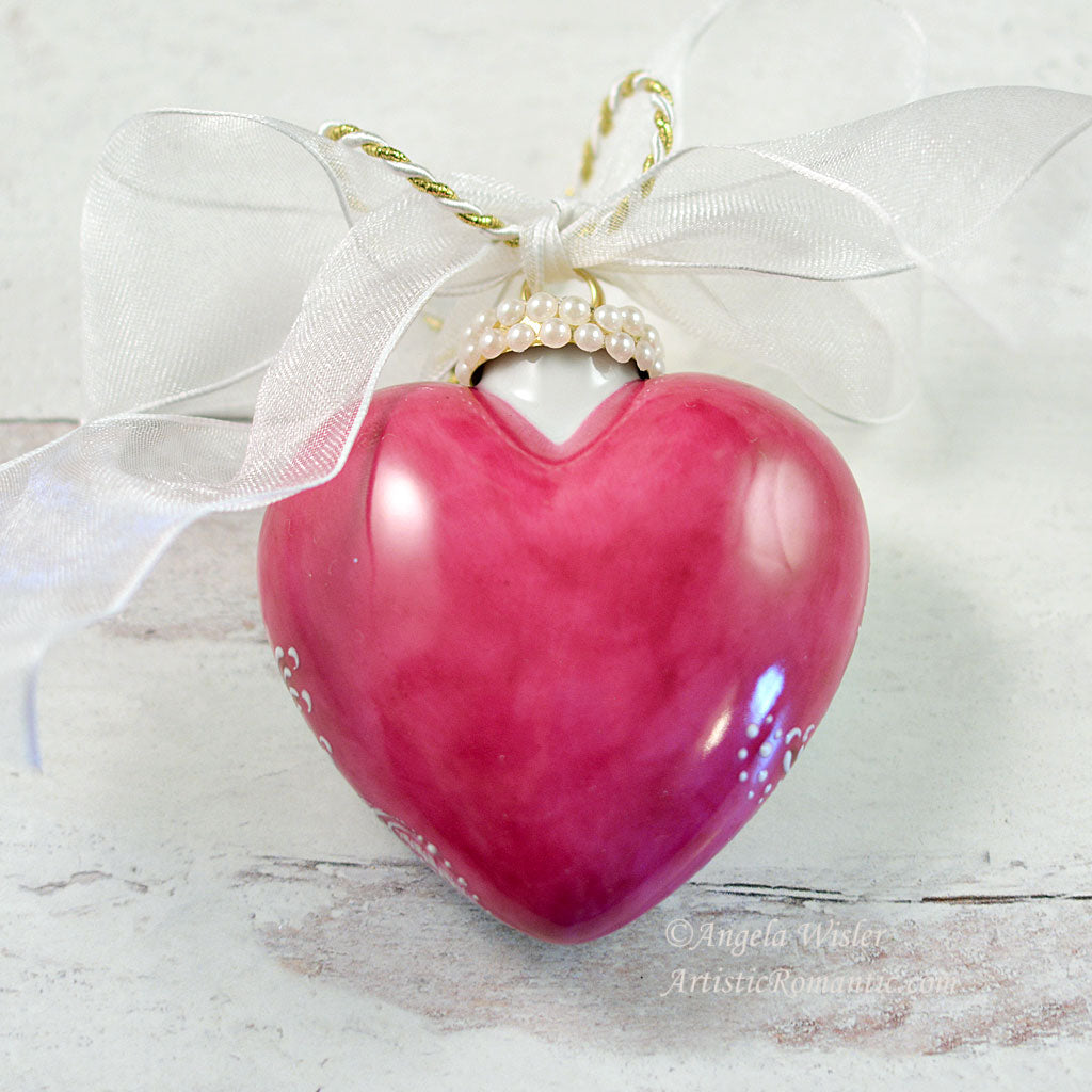 Fuchsia Pink Yellow Roses Porcelain Heart Holiday Ornament Hand Painted
