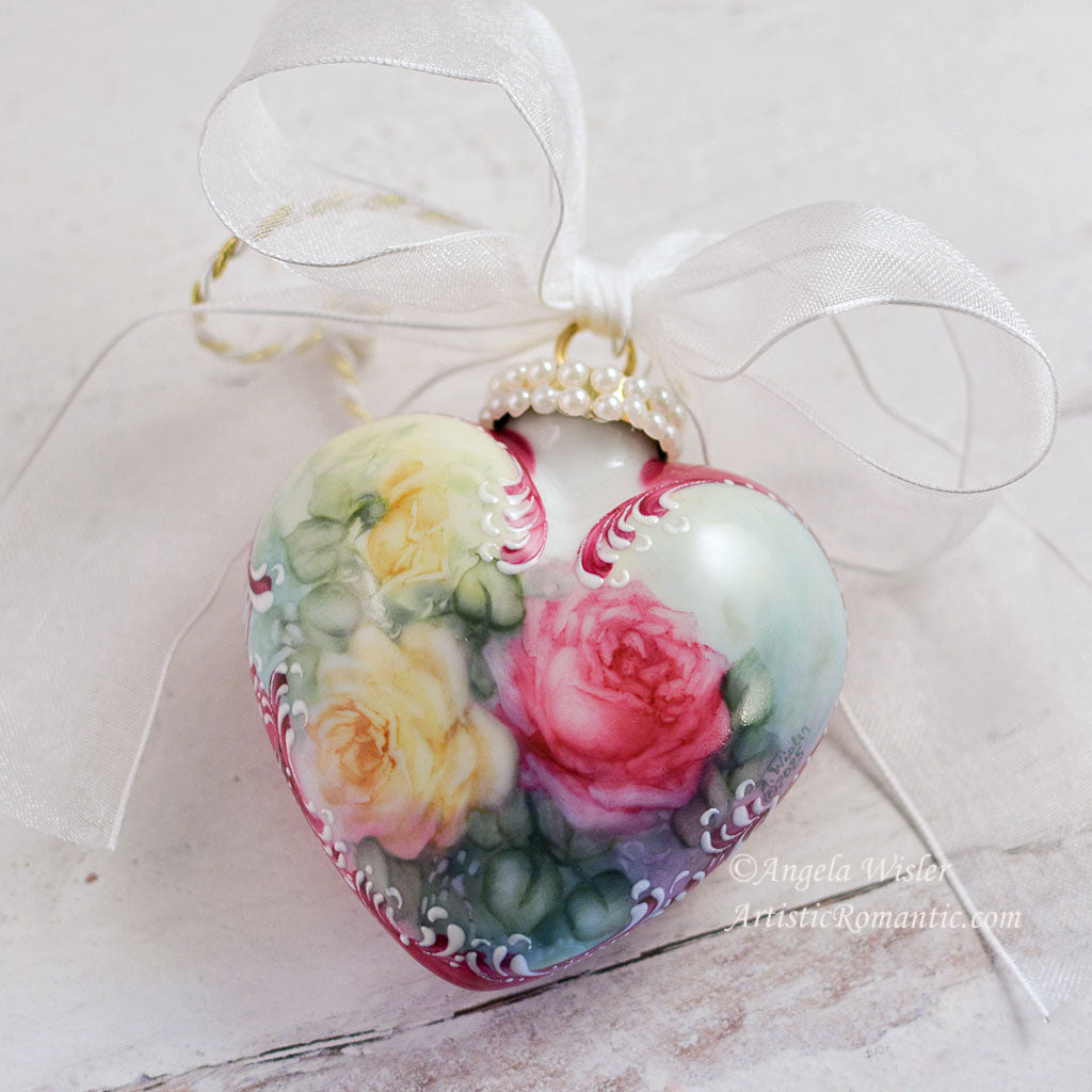 Fuchsia Pink Yellow Roses Porcelain Heart Holiday Ornament Hand Painted