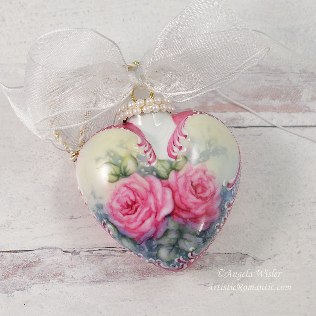 Victorian Heart Porcelain Ornament Ruby Pink China Roses Hand Painted