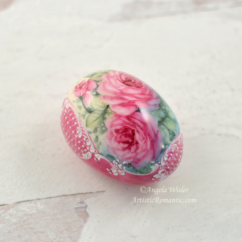 Bright Pink Easter Egg Ruby Roses Hand Painted Porcelain Elegant Decor