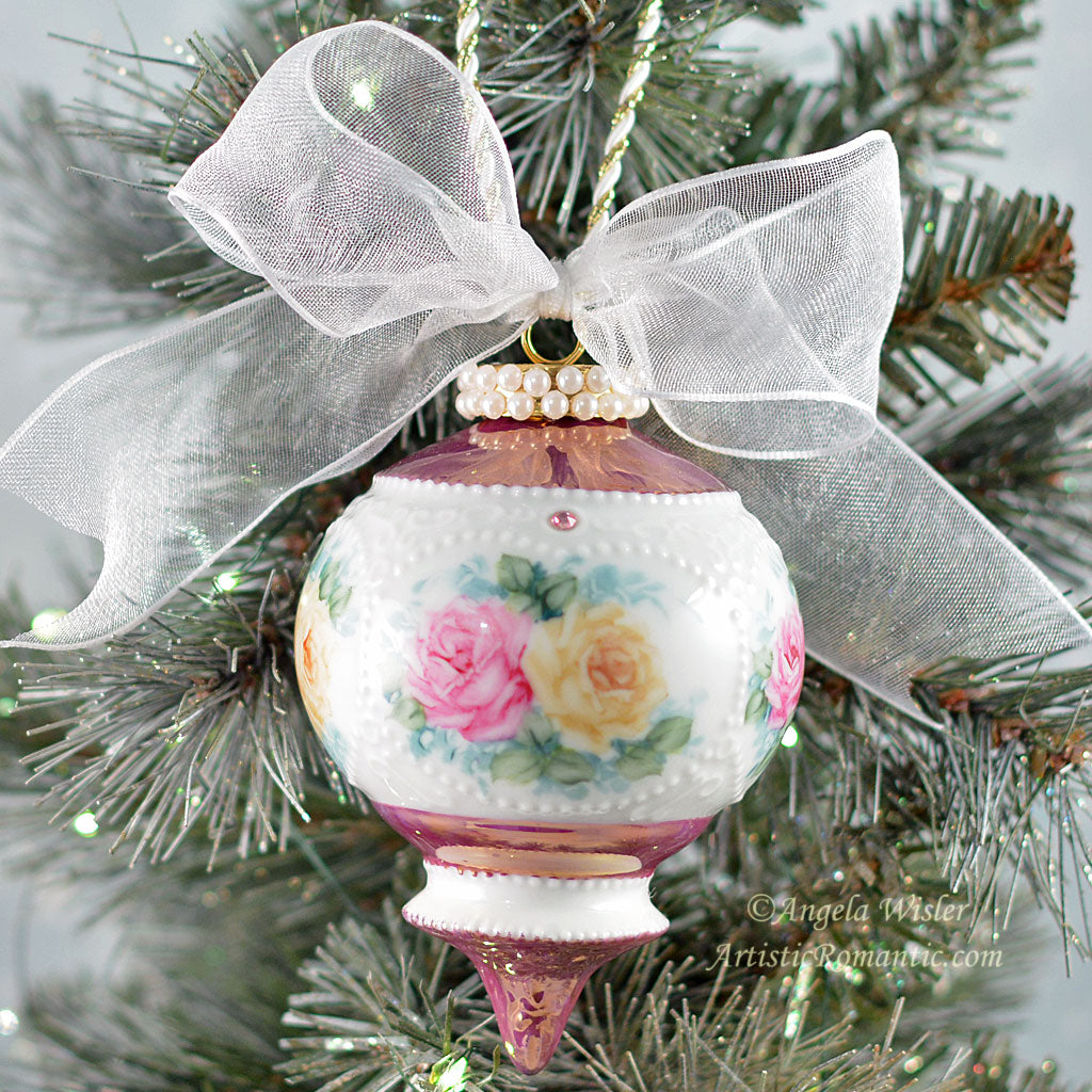 Pink Yellow Roses Victorian Shaped Porcelain Ornament Elegant Christmas Decorating