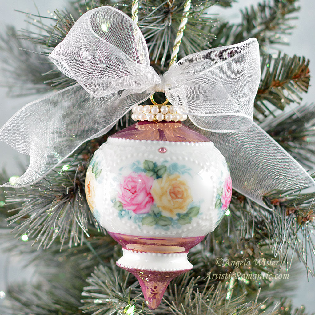 Shabby Chic Victorian Rose Pink Glass Jeweled Christmas Ornaments – Handmade Set Of 9, Rhinestone Embellished