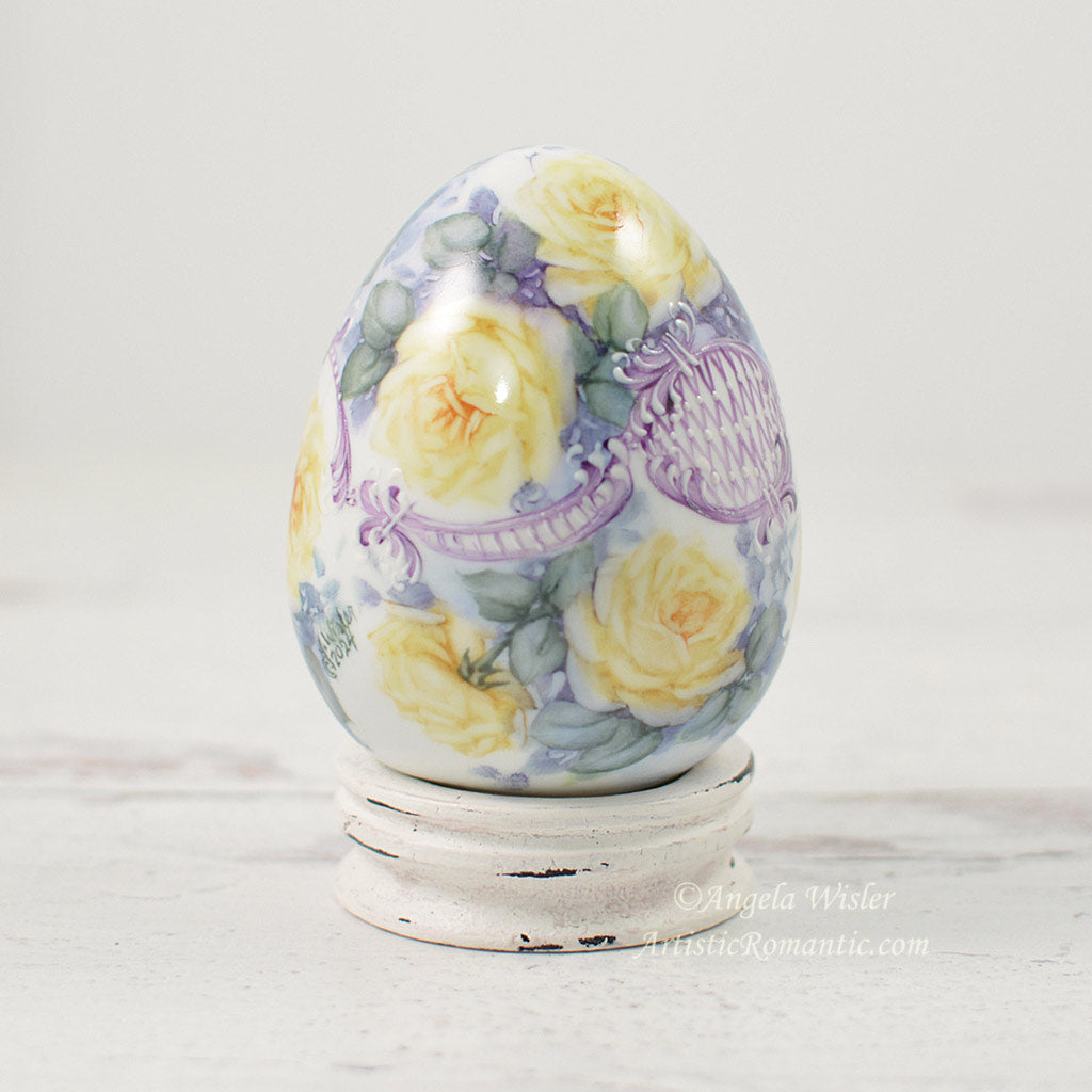 Easter Egg Hand Painted Porcelain Yellow Roses Violet Scrolls Spring Decorating