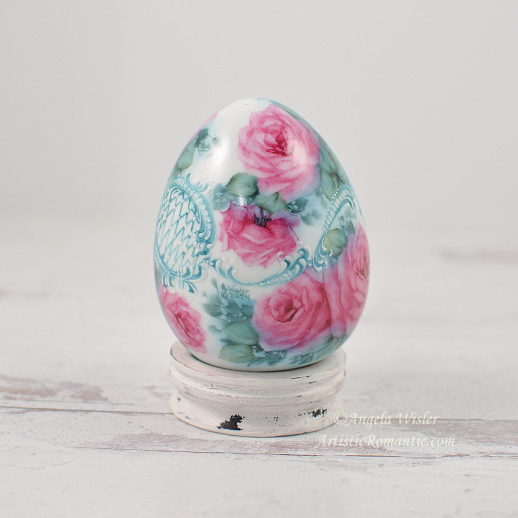 Elegant Large Porcelain Easter Egg Hand Painted Bright Pink Roses Turquoise Scrolls