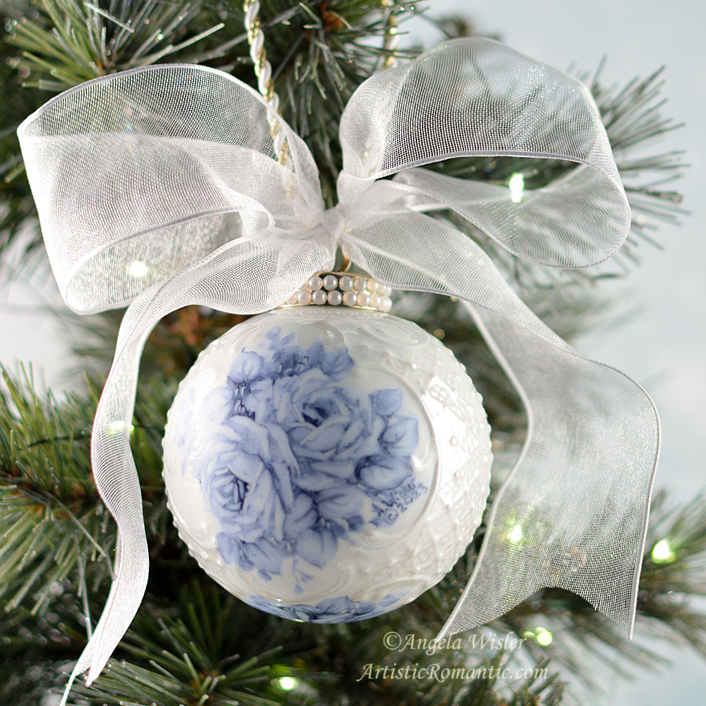 Blue Toile Roses Christmas Ornament Hand Painted Porcelain