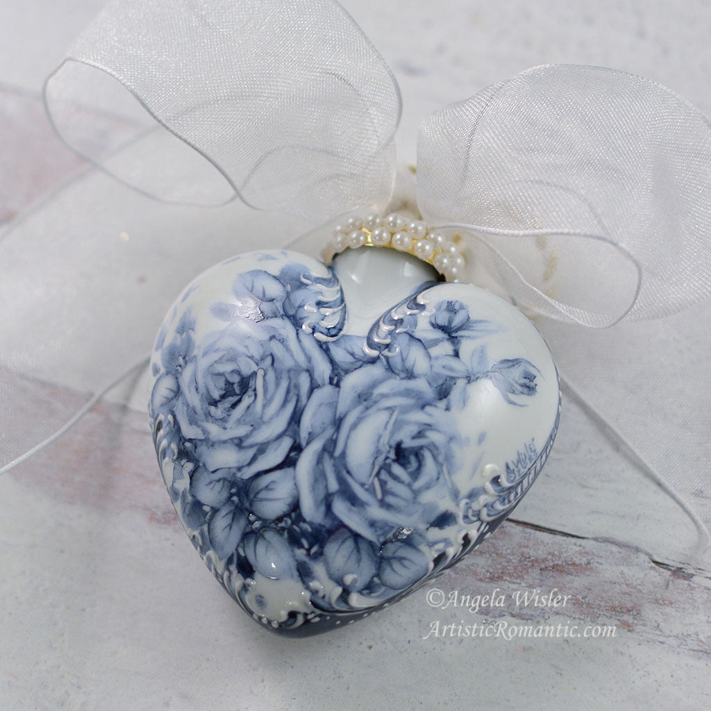 Blue and White Porcelain Heart Hand Painted Rose China Holiday Ornament