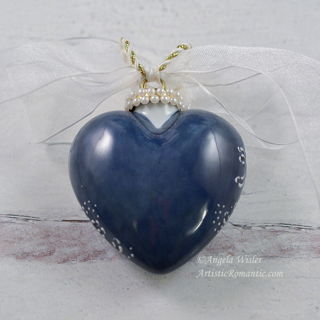 Blue and White Porcelain Heart Hand Painted Rose China Holiday Ornament