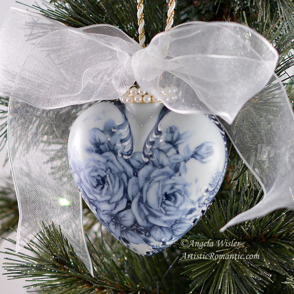 Blue and White Porcelain Heart Hand Painted Rose China Holiday Ornament