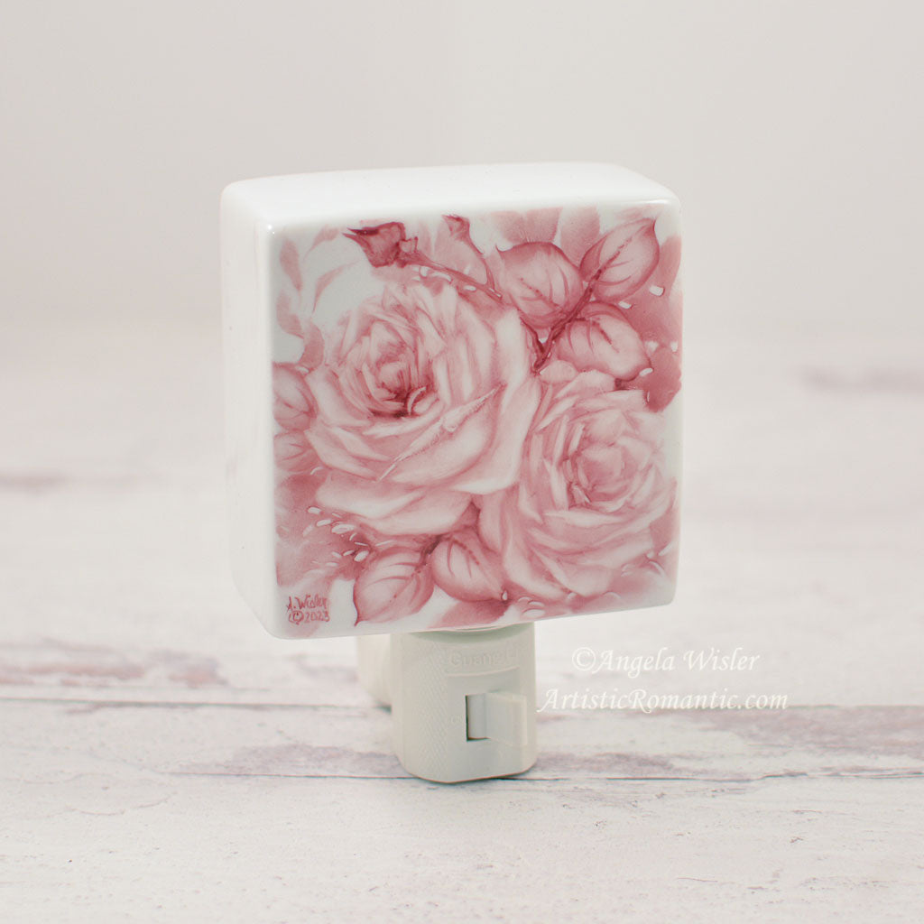 Pink and White Porcelain Roses Night Light Hand Painted Nightlight