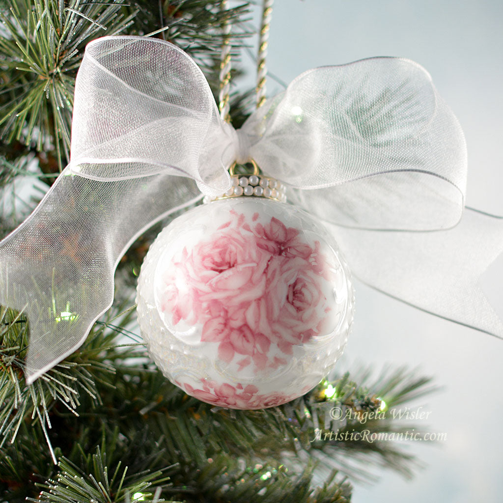 Pink Toile Roses Christmas Ornament Hand Painted Porcelain