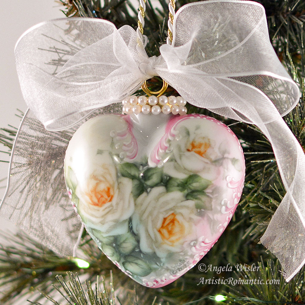 Pink Christmas Decoration Hand Painted Porcelain Heart Ornament