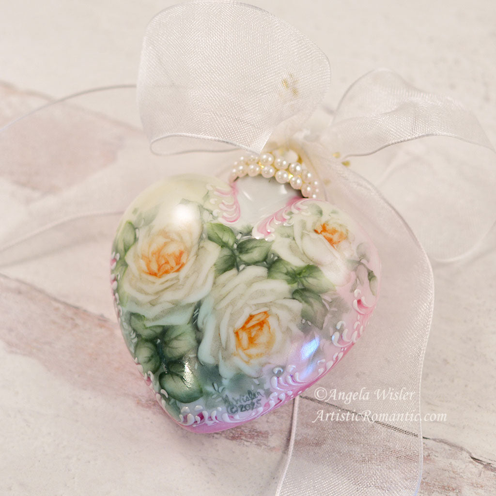 Pink Christmas Decoration Hand Painted Porcelain Heart Ornament