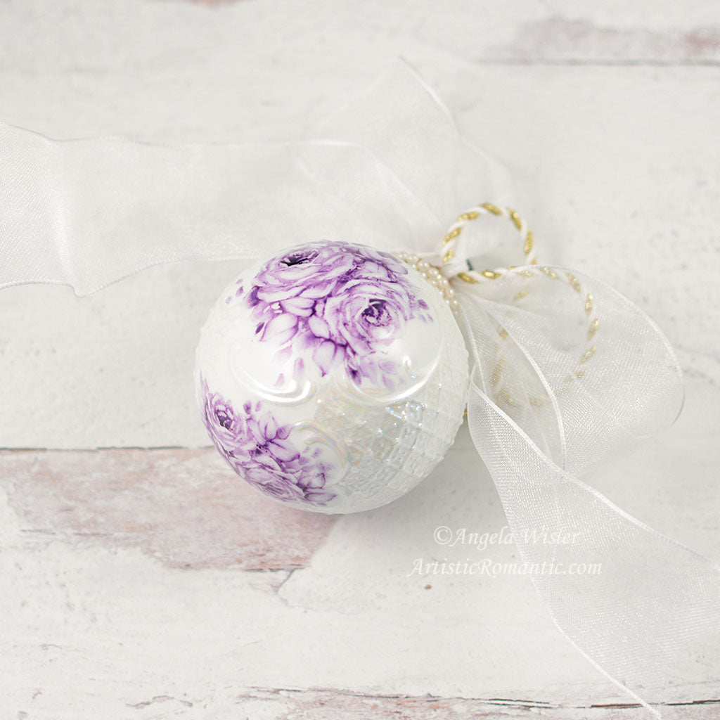 Purple Toile Roses Hand Painted Christmas Ornament Violet Porcelain